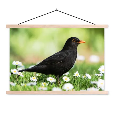 Produktbild von MuchoWow® Textilposter Vogel - Amsel - Blumen 120x80 cm mit holzfarbenen Rahmen - Aufhängeset