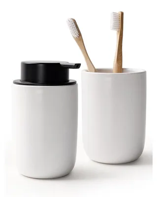 Immagine prodotto di Distributore di sapone in Vetroceramica, capacità 350 ml, ricaricabile, con portaspazzolino, colore bianco