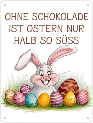 Produktbild von Fröhlicher Hase mit Ostereiern Metallschild XL in 21x28 cm - Ostern ohne