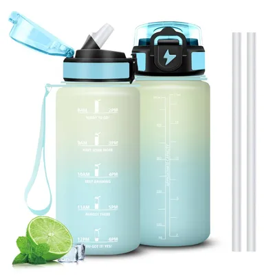 Produktbild von Trinkflasche 500ml auslaufsicher mit Strohhalm, Wasserflasche mit Zeitmarkierung