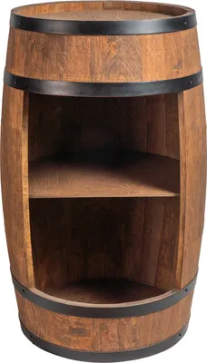 A wooden barrel-shaped shelf unit with two shelves and metal bands.