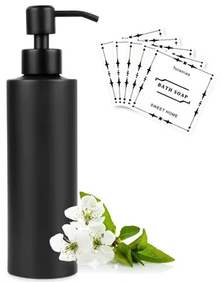 Image de Distributeur de savon Encuryna 350 ml, distributeur de savon en acier inoxydable noir, distributeur de shampoing, distributeur à pompe rechargeable avec autocollant pour la salle de bains, la chambre et la cuisine