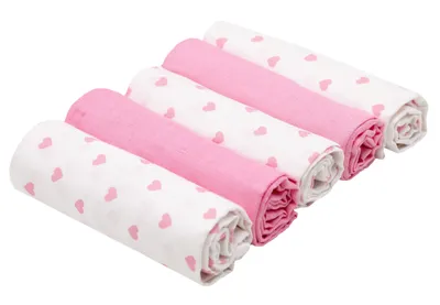 Produktbild von 5er Set Spucktücher, 100% Baumwolle, 80x80 cm, rosa und weiß mit Herzen