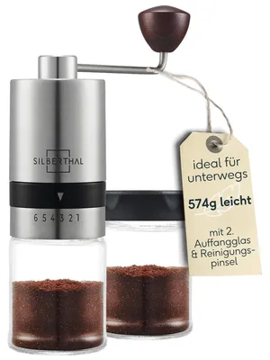 Manuelle Kaffeemühle, Kegelmahlwerk, 6 Mahlgrade, Edelstahl/Glas, 16 g