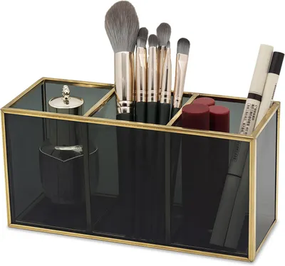 Immagine prodotto di Portapennelli da trucco in vetro, nero, 18 x 7 x 8 cm, organizer per cosmetici per la casa