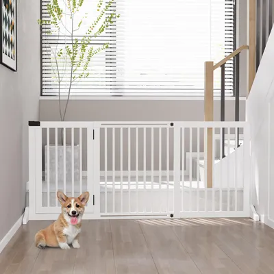 Produktbild von Hundegitter freistehend mit Tür & Schloss, Absperrgitter 3 Paneele Kiefernholz verstellbar, Weiß | 113–166 x 71 cm | 4,79 kg | Stützfüße