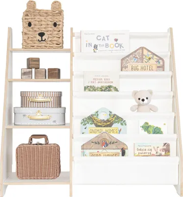 A ladder-style bookshelf filled with children's books and decorative items.