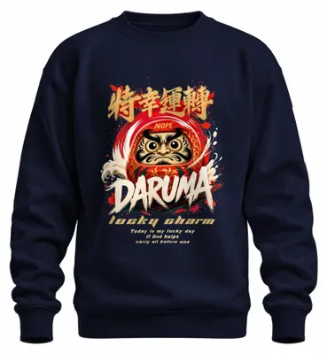 Immagine prodotto di Daruma Nope, portafortuna giapponese degli anni 1999-2000. Felpa con cappuccio, colore blu navy, taglia S