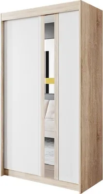 Produktbild von Easy4You T1 120 cm Sonoma/Weiß Schiebetüren Kleiderschrank 120x216x60 cm mit Spiegel - Schlafzimmermöbel, Aufbewahrung - Mehrzweckschrank