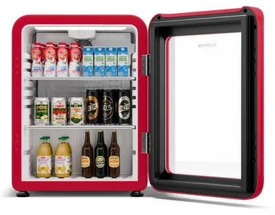 Obrázok produktu pre Klarstein Audrey Evo chladnička na nápoje so sklenenými dverami - 65 l, retro dizajn, dvojité sklo dverí, LED osvetlenie, 0-10 °C, , nastaviteľné nožičky, červená