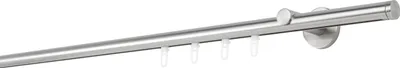 A silver curtain rod with hooks, mounted on a white background.