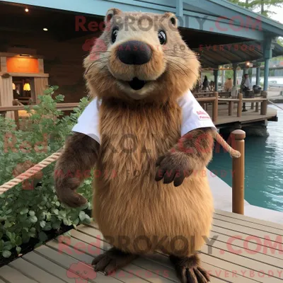 Productafbeelding van Mascottefiguur REDBROKOLY van een bever gekleed met een Henley-shirt en haarspeldjes
