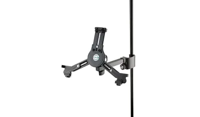A black tablet holder mounted on a pole.