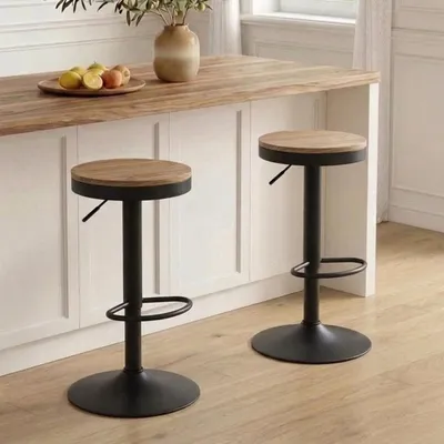 Image de YOUNIKE - Ensemble de 2 tabourets de bar en bois, avec structure métallique, pivotant à 360° et réglables en hauteur