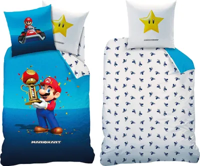 A Super Mario Kart themed duvet cover and pillowcase set.