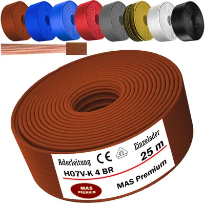 Image de Câble d'alimentation de 25 mètres, type H07 V-K, couleur marron, avec un seul fil de 4 mm², flexible