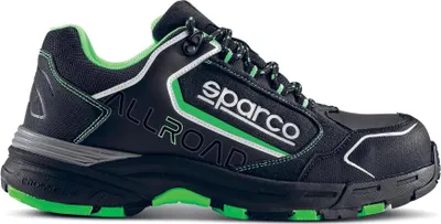 A single black and green Sparco safety shoe is shown against a white background.