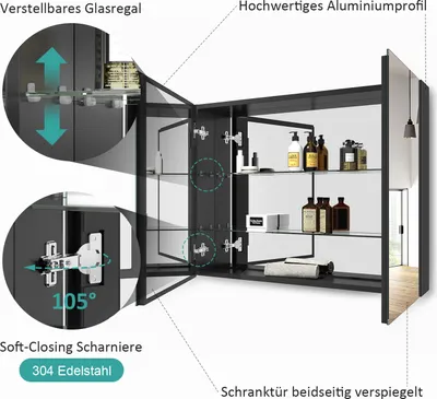 Produktbild von EMKE Spiegelschrank Bad 85x65cm, Rostfreier Aluminium Badezimmerschrank mit 2 Türen, Wandmontage Horizontal, Soft-Close Scharniere, Schwarz