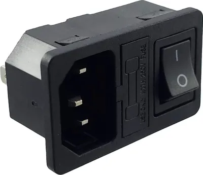 A black and silver power connector with a switch and fuse holder.