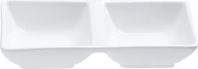 A white ceramic dish with two compartments.