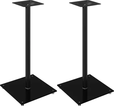 Two black speaker stands with square bases and single columns are shown against a white background.