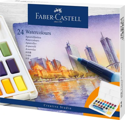 Produktbild von Faber-Castell 169724 - Aquarellfarben in Näpfchen, mit Mischpalette und Wassertankpinsel, 24er Etui – Verschiedene Farben