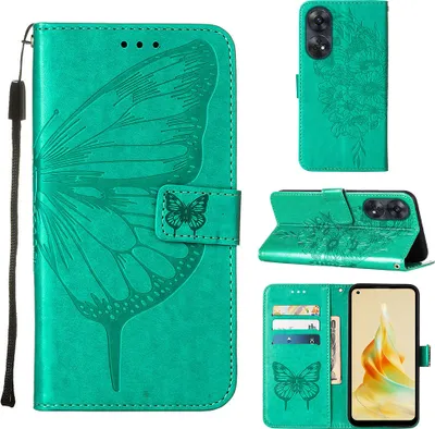 Produktbild von Lederhülle für OPPO Reno8 T 4G Schmetterling Prägung Flip Ledertasche Kartenfächer Handyhülle mit Ständer Grün