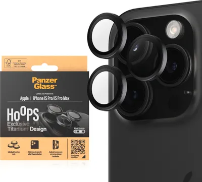 Obrázok produktu pre PanzerGlass ® Hoops® Titanium Camera Lens Protector Black iPhone 15 Pro | 15 Pro Max, Apple, Apple - iPhone 15 Pro, Apple - iPhone 15 Pro Max, Suché aplikovanie, Odolné proti poškriabaniu, Odolný proti nárazom, Čierna, 1 kusov