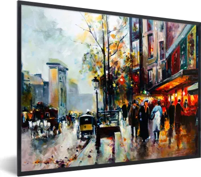 Produktbild von MuchoWow® Gerahmtes Poster Gemälde - Stadt - Öl 80x60 cm - Poster mit Schwarzem Bilderrahmen Wandposter Rahmen Foto Bilder - Schwarzem - Mit Gestell