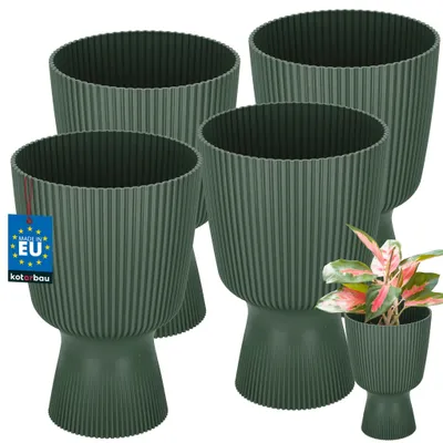Produktbild von KOTARBAU® 4er Set Blumentopf ⌀ 14cm Orchideentopf Übertopf für Zimmerpflanzen Pflanzentopf mit Sockel Geriffelt Kelchform Kunststoff Pflanzkübel Grün