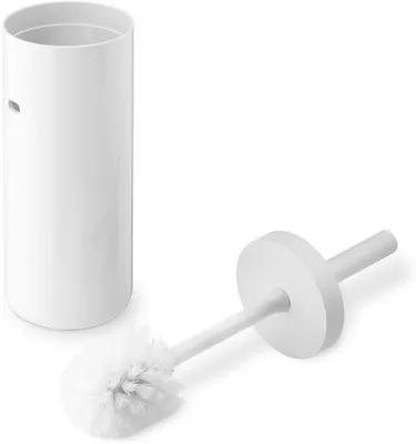 A white toilet brush and its holder are displayed on a white background.