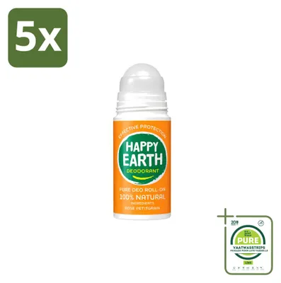Immagine prodotto di 5 deodoranti roll-on "Happy Earth" alla rosa e petitgrain - 75 ml - confezione grande - 5 pezzi