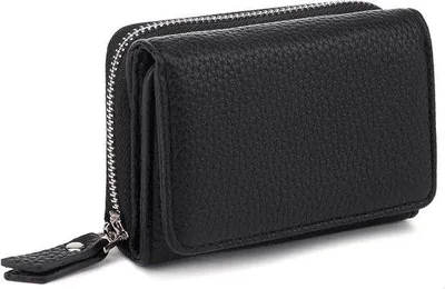 Productafbeelding van Kleine lederen etui voor dames, dubbelgevouwen sluiting, zwart, 10*7,5*3,5 cm, modern design, meerdere vakken, ideaal als kleine portemonnee.