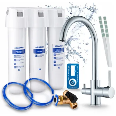 Produktbild von Ari 3-Wege-Küchenarmatur Linko, Chrom, Spültischarmatur Im Set Mit Aquaphor Kristall H Wasserfiltersystem, 360° Schwenkbar
