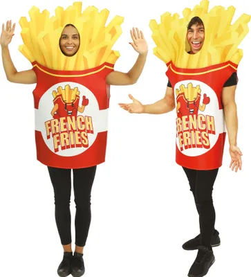 Zwei Erwachsene im French-Fries-Kostüm als Pommes-Box, Frontalansicht.