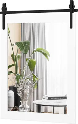 Obrázek produktu pro COSTWAY Obdélníkové zrcadlo s dřevěným rámem, 76,5 x 56 cm, rustikální nástěnné zrcadlo, nerozbitné závěsné zrcadlo s kovovým držákem, do předsíně, obývacího pokoje, ložnice (bílé)