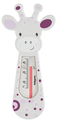 A close-up product shot of a baby thermometer shaped like a giraffe.