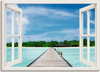 Produktbild von ARTland Leinwandbild Fensterblick maledivischen Paradies Größe: 70x50 cm
