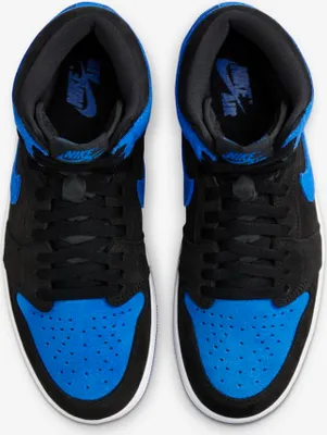A top-down view of a pair of Air Jordan 1 Retro High OG Royal Reimagined sneakers.