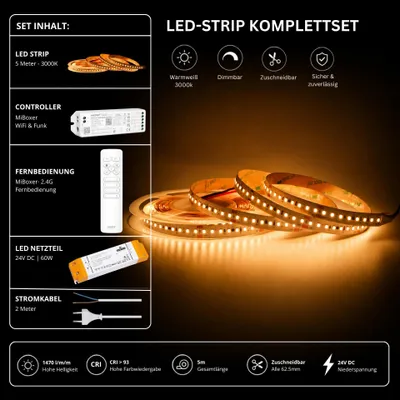 Produktbild von LED Streifen Set Warmweiß 3000K – SMD LED Streifen 24V, 9 W/m, 1500 lm/m, 5m – SS60 Netzteil, WL5 WiFi Controller  und  C1 Fernbedienung Weiß