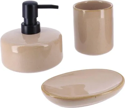 Produktbild von Becherset seifenspender und seifenschale aus lackiertem holz - beige - Tendance