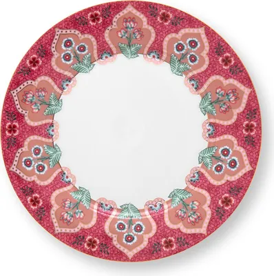 Pip Studio Dessertteller Flower Festival Dark Pink aus Porzellan mit floral-orientalischem Muster, Ø 21 cm