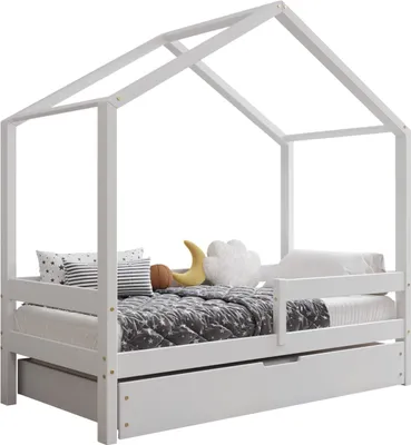Obrázek produktu pro TIMBEE HUFIE Postel ve tvaru domečku Dětská postel ze dřeva Dětská postel - Bílá - 80x160cm