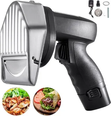Immagine prodotto di Affettatrice elettrica per carne e kebab, dotata di 2 lame in acciaio inossidabile e alimentata a batteria