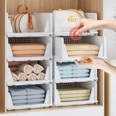 Productafbeelding van Ibenzoa® Set van 5 stapelbare opbergboxen voor de garderobe – 43x33x18 cm, gemaakt van PP, ruimtebesparende organizer met ventilatieopeningen, gedeeltelijk met uitschuifbare lades, opvouwbaar