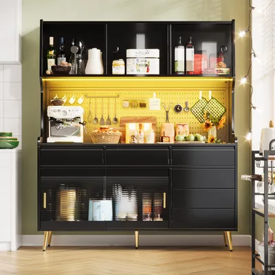 Imagen del producto de Armario alto de 145x39x171 cm con iluminación LED y control mediante aplicación, puertas correderas de cristal texturizado, color , ideal para cocina y comedor