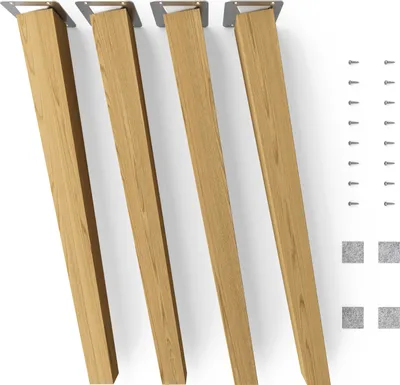 Four wooden furniture legs with metal mounting plates, along with screws and felt pads, are arranged on a white background.