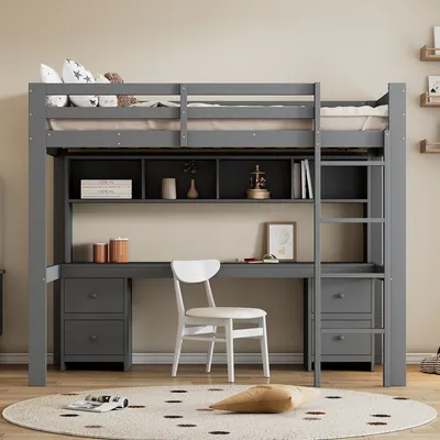 Produktbild von Graues Kinder Etagenbett mit integriertem Schreibtisch, gro?em Stauraum und sicherer Treppe - Platzsparend und stabil fš¹rs Zimmer, 90x200cm