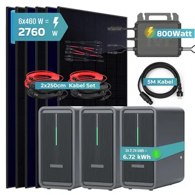 Produktbild von SUNNIVA® 2760W Balkonkraftwerk mit 6,72 kWh Speicher Marstek 3x B2500-D, 6x 460W BIFAZIAL FULLBLACK komplett Steckdose, PV Solaranlage + Solarspeicher