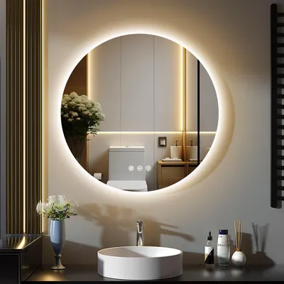 Produktbild von GIMBELEN LED-Badspiegel, rund, 80 cm, 3 Lichtfarben, dimmbar, Touch-Schalter, beschlagfrei, Silber